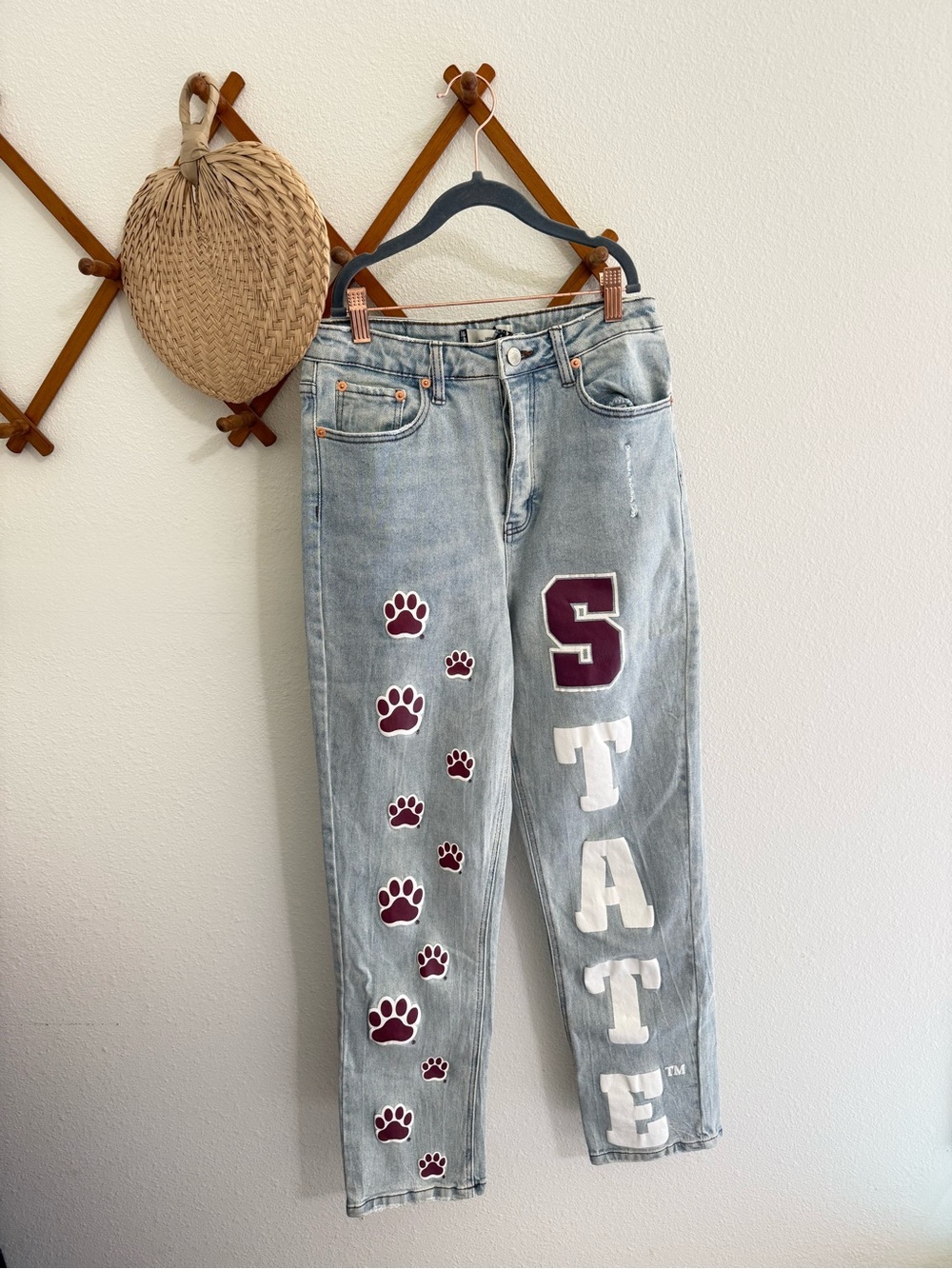 Legacy Light-Wash Jeans with Burgundy Paw Prints and White STATE Patch